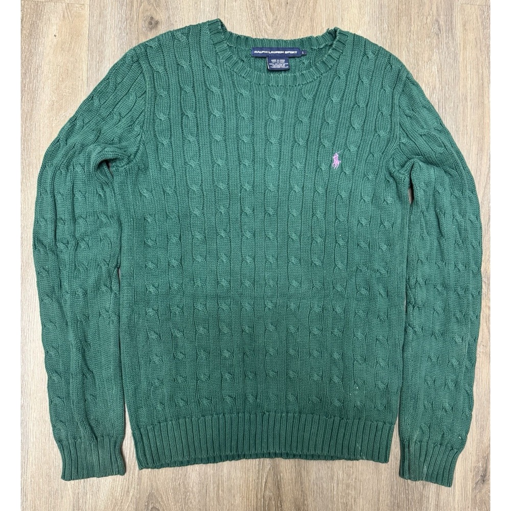 Ralph Lauren Sport Women's Cable Knit Sweater Green Pink Pony Size Large